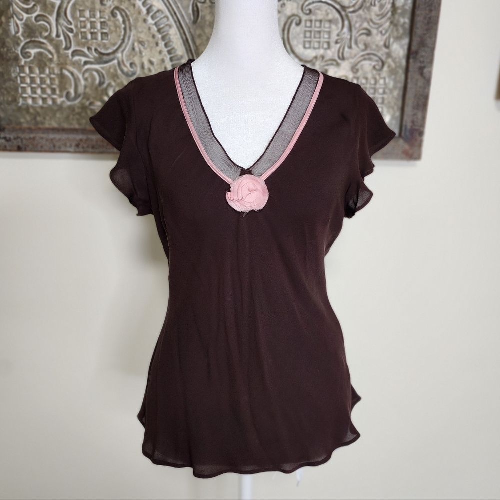 Sunny Leigh Y2K Chocolate & Pink 100% Silk Rosette Top Med Dainty 2000's Retro - Picture 2 of 9